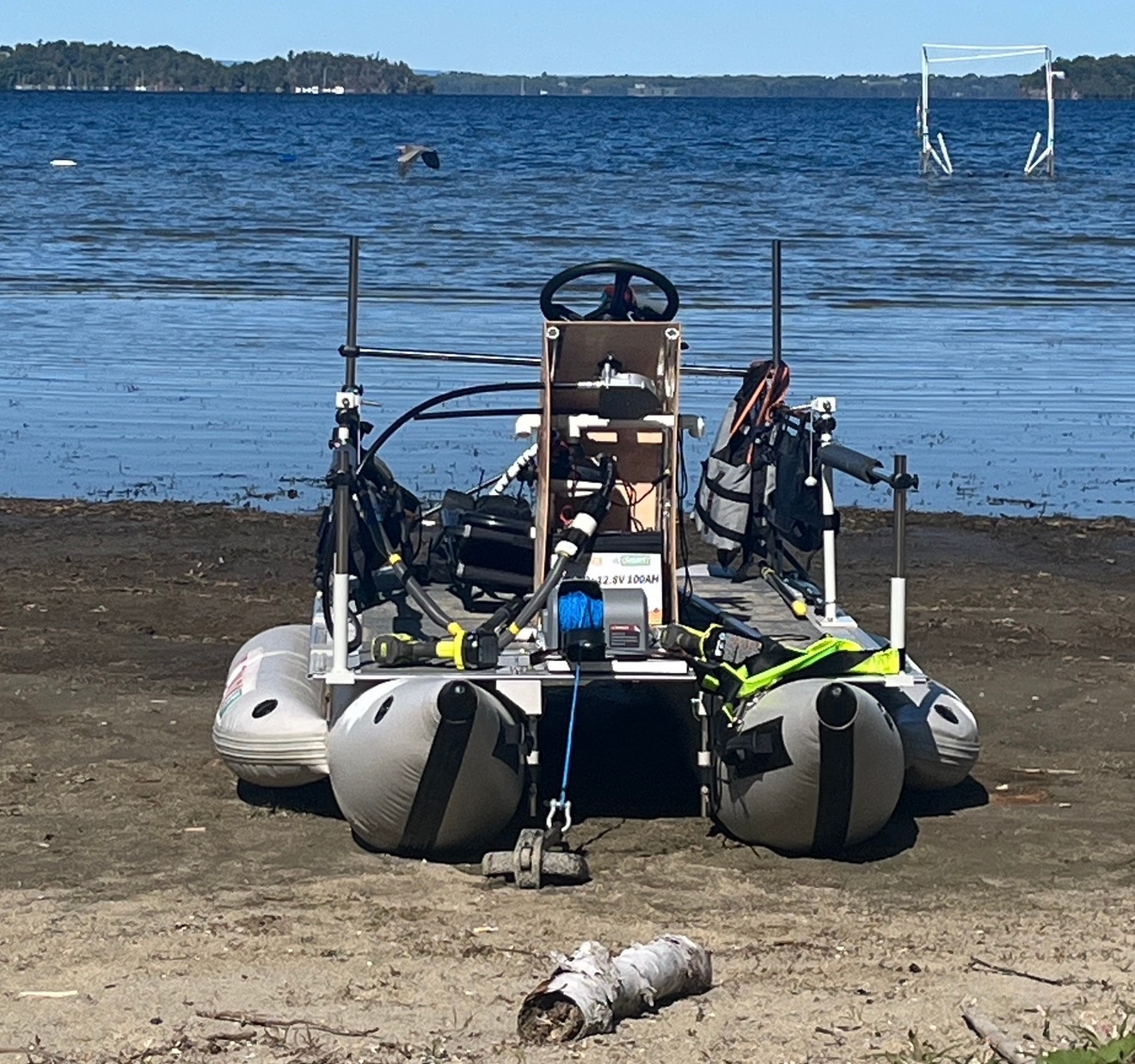 MikeRaft beached with mechanical steering and gear upgrades visible